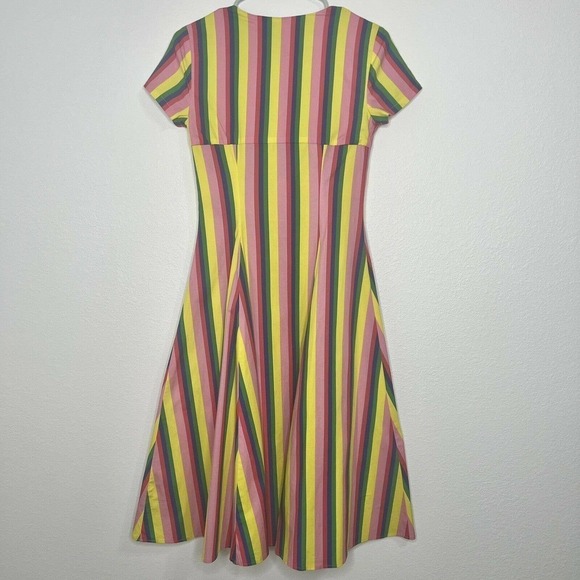 STAUD Alice Pink Colorful Rainbow Striped Poplin V-Neck Tie-Front Dress Sz 2 - Picture 8 of 14